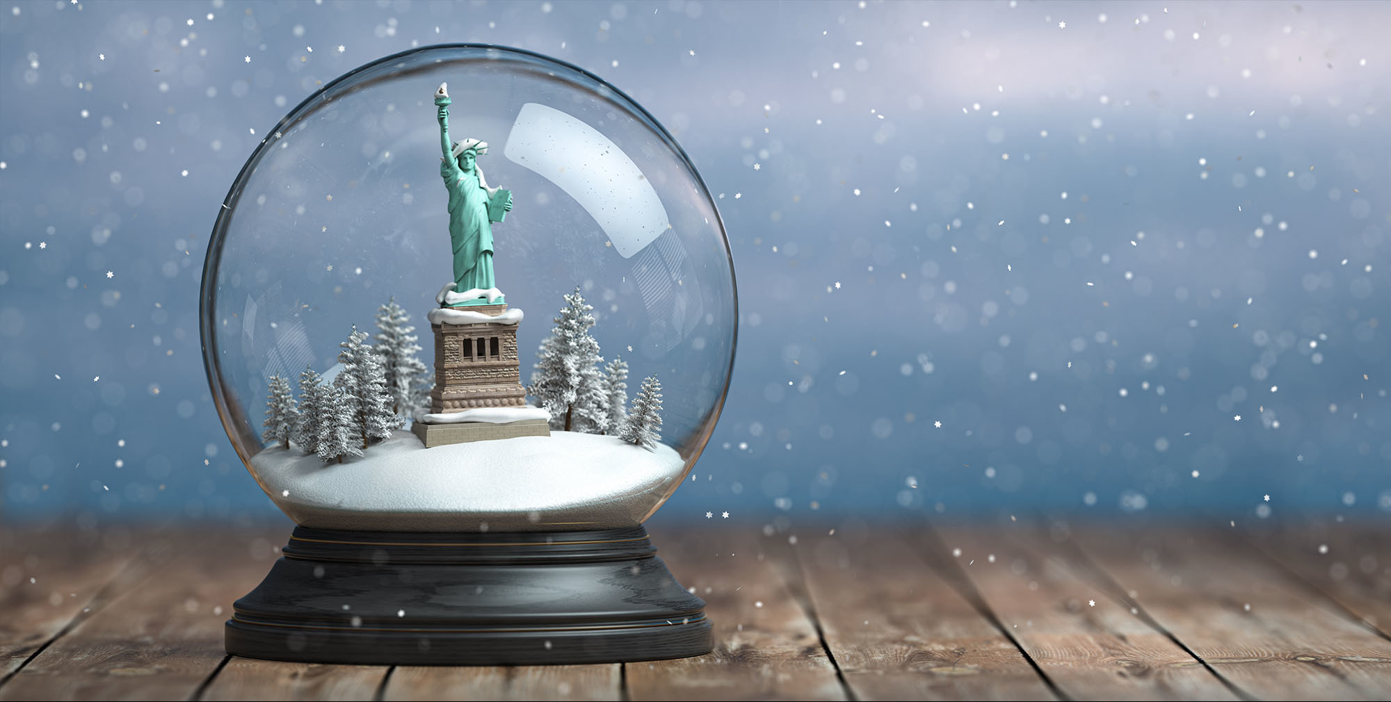 Happy Holiday Statue of Liberty elevator snow globe